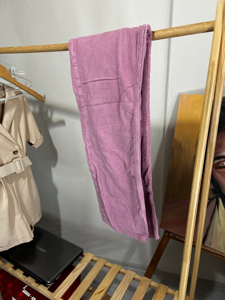 Düğmeli Pembe Normal Boy Kadın Keten Pantolon - Görsel 5