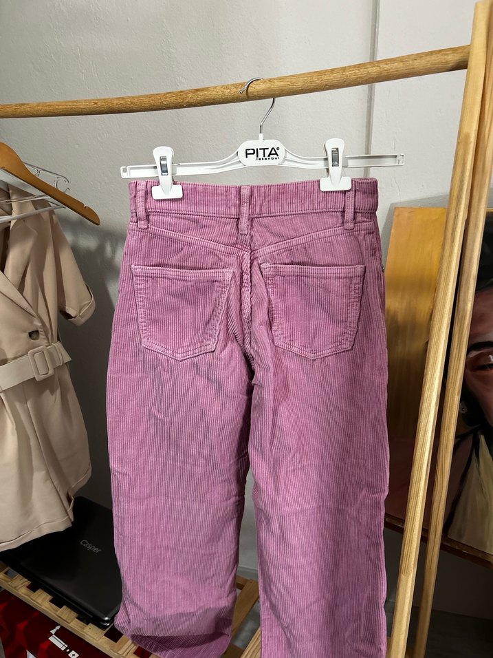 Düğmeli Pembe Normal Boy Kadın Keten Pantolon - Görsel 2