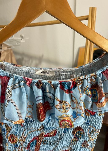 Mavi Desenli Drapeli Straplez Bluz - Görsel 3