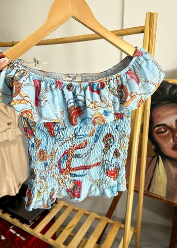 Mavi Desenli Drapeli Straplez Bluz - Görsel 5