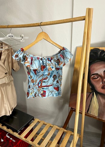 Mavi Desenli Drapeli Straplez Bluz - Görsel 2