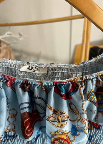 Mavi Desenli Drapeli Straplez Bluz - Görsel 4