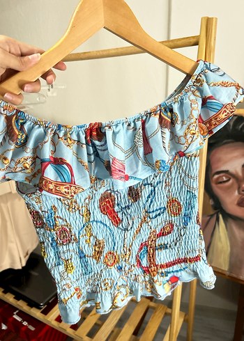 Mavi Desenli Drapeli Straplez Bluz - Görsel 6