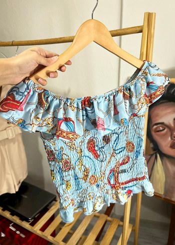 Mavi Desenli Drapeli Straplez Bluz - Görsel 7