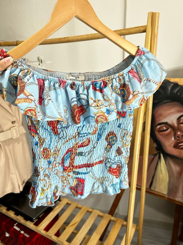 Mavi Desenli Drapeli Straplez Bluz - Görsel 5