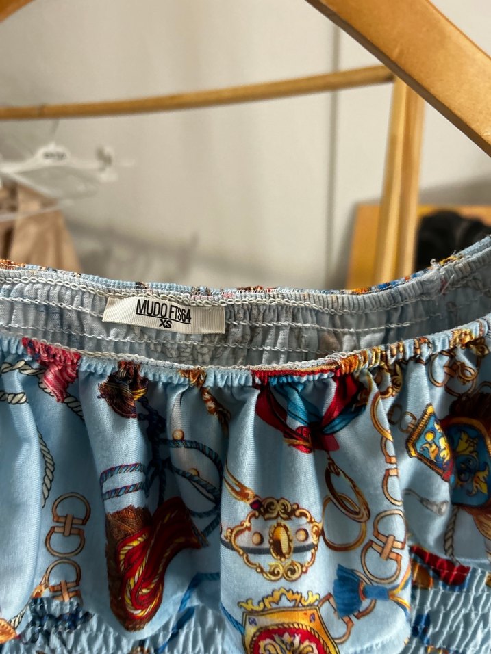 Mavi Desenli Drapeli Straplez Bluz - Görsel 4