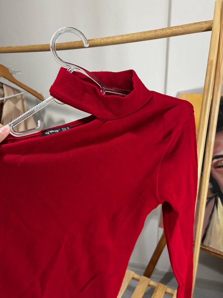 Kırmızı Yarım Boğazlı Kadın Süet Kazak - Görsel 3