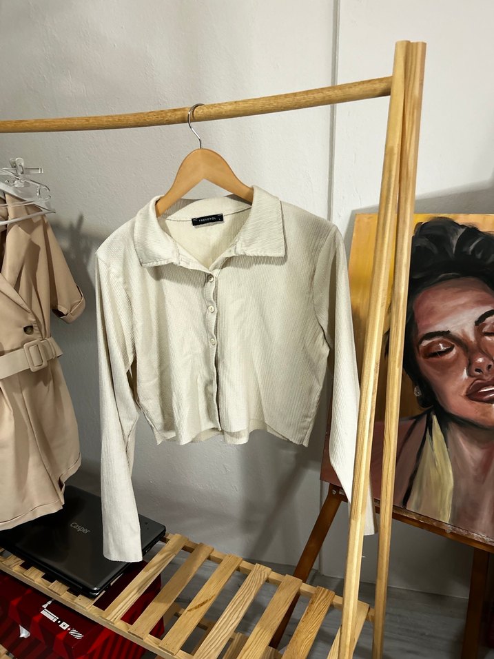 Bej Düğmeli Keten Kadın Gömlek - Görsel 2