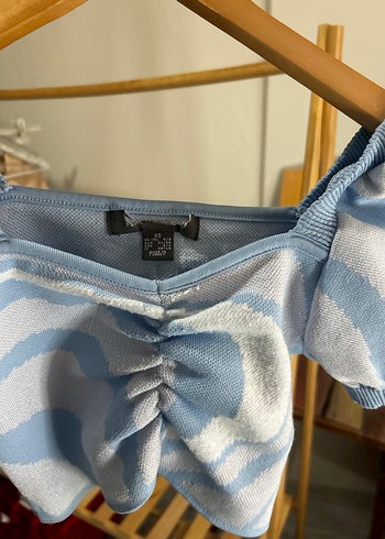 Mavi Piliseli Kısa Bağlama Desenli Bluz - Görsel 7