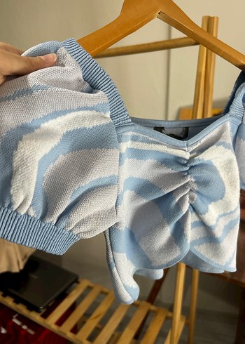 Mavi Piliseli Kısa Bağlama Desenli Bluz - Görsel 6