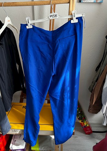 Kadın Mavi Midi Saten Kemerli Bol Pantolon - Görsel 2