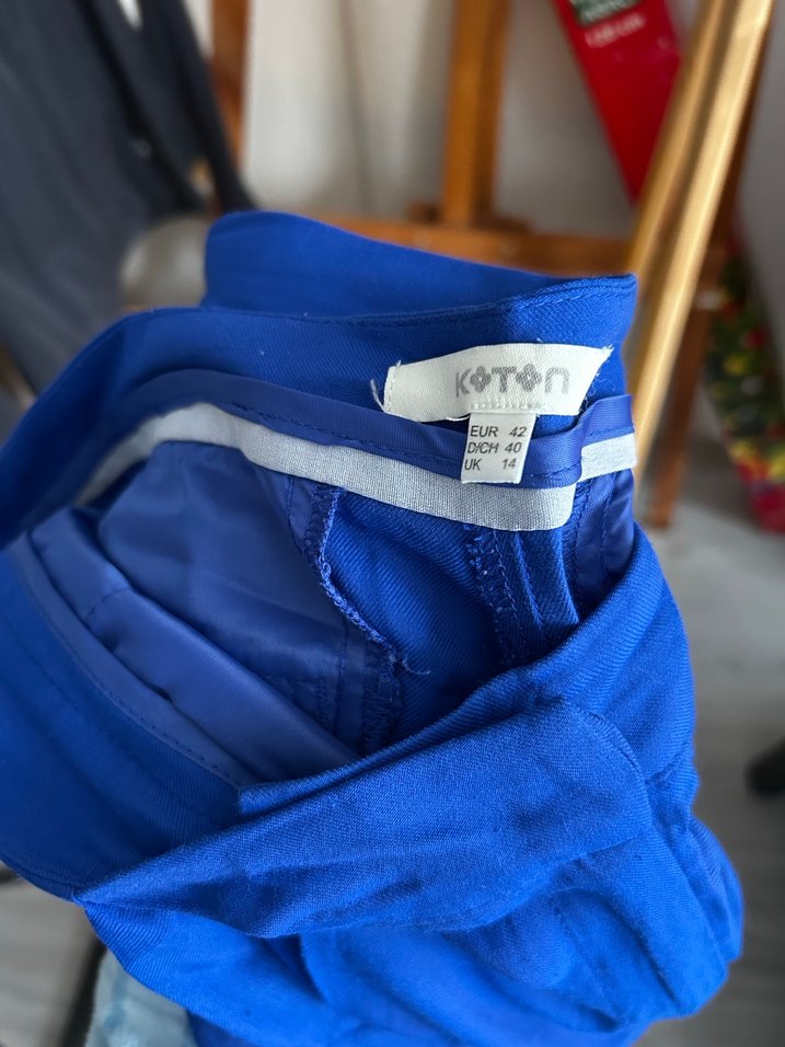 Kadın Mavi Midi Saten Kemerli Bol Pantolon - Görsel 4