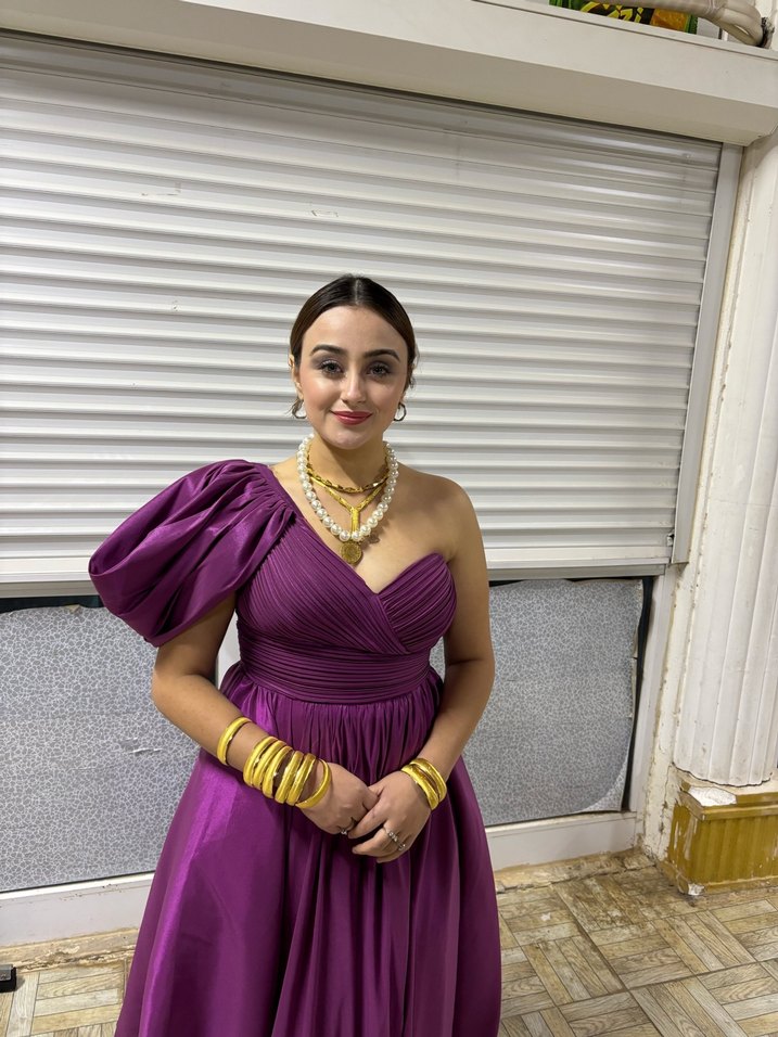 Mor Drapeli Uzun Straplez Abiye Elbise - Görsel 2