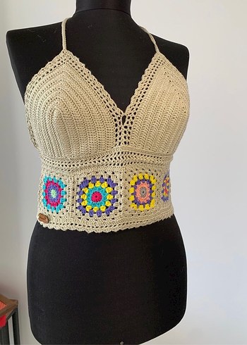 El Yapımı Nakışlı Çok Renkli Örgü Bluz Bohem Büstiyer - Görsel 4