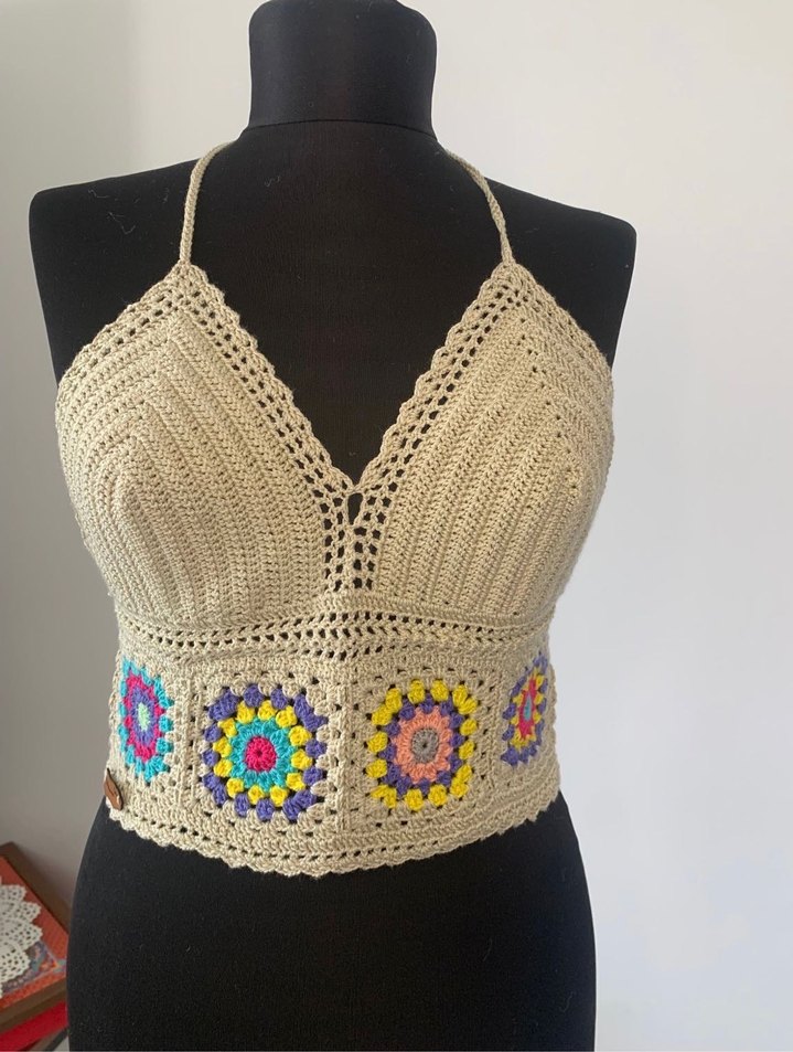 El Yapımı Nakışlı Çok Renkli Örgü Bluz Bohem Büstiyer - Görsel 2