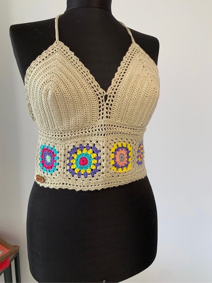 El Yapımı Nakışlı Çok Renkli Örgü Bluz Bohem Büstiyer - Görsel 4