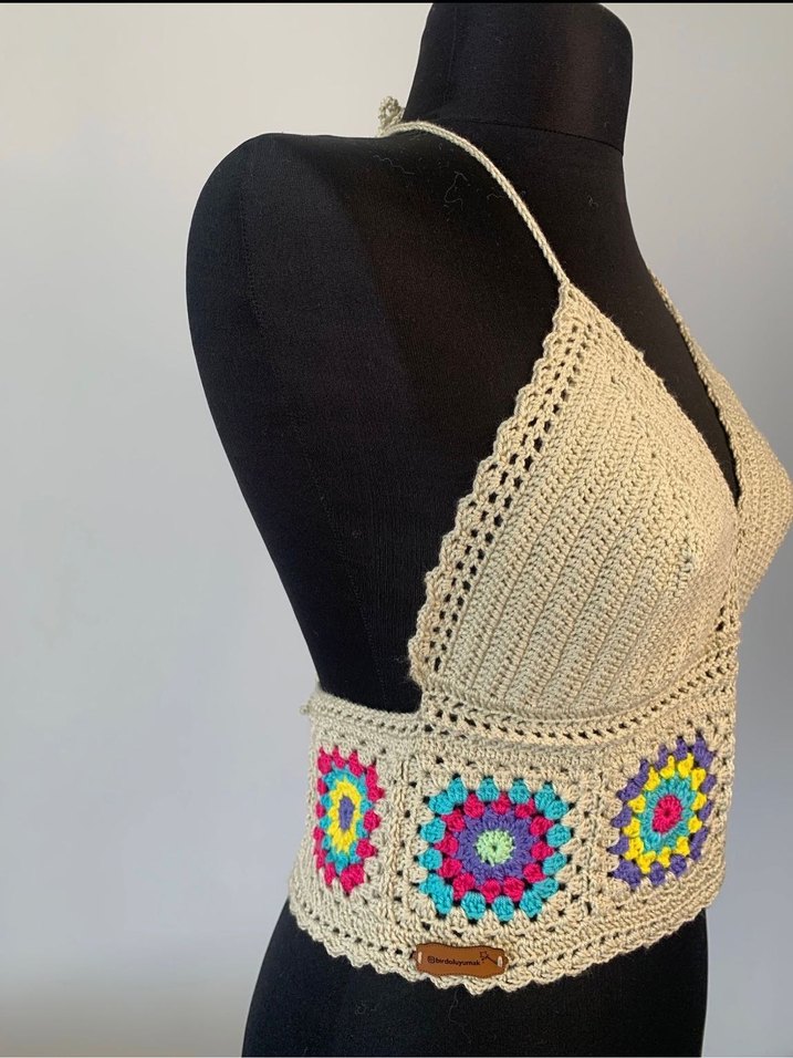 El Yapımı Nakışlı Çok Renkli Örgü Bluz Bohem Büstiyer - Görsel 3