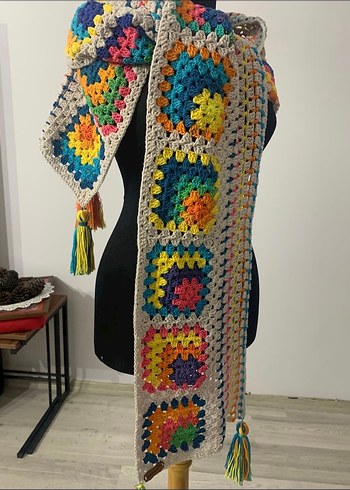 El Yapımı Renkli Bohem Örgü Kadın Atkı - Görsel 7