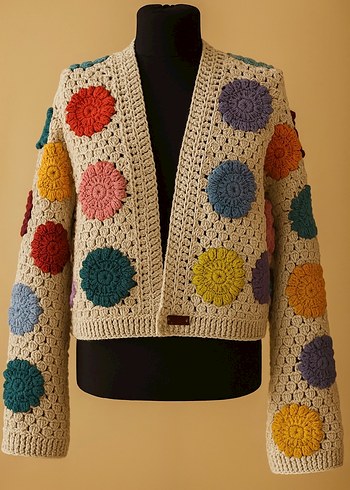 El Yapımı Çiçek Desenli Örgü Bohem Hırka - Görsel 3