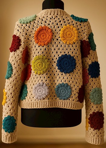 El Yapımı Çiçek Desenli Örgü Bohem Hırka - Görsel 2