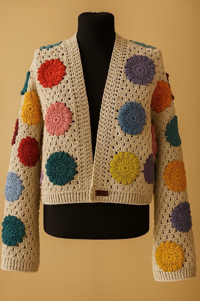 El Yapımı Çiçek Desenli Örgü Bohem Hırka - Görsel 3