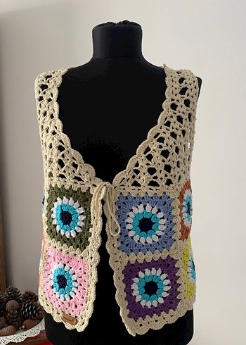 El Yapımı Renkli Örgü Bohem Kolsuz Mini Yelek - Görsel 3