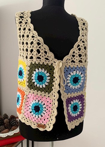 El Yapımı Renkli Örgü Bohem Kolsuz Mini Yelek - Görsel 4