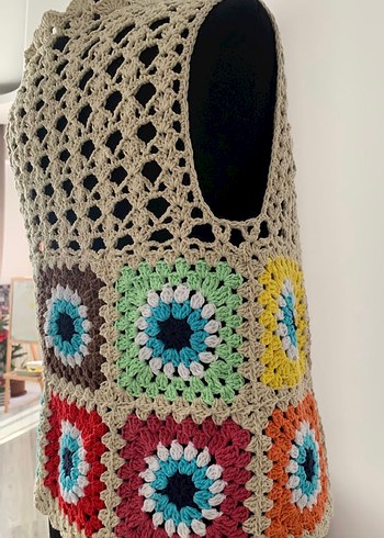 El Yapımı Renkli Örgü Bohem Kolsuz Mini Yelek - Görsel 6