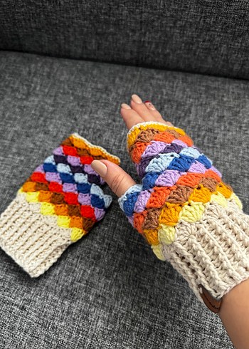 Renkli Bohem Örgü Parmaksız Kadın Eldiven - Görsel 2