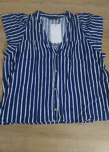Zara Marka Düğmeli V Yaka Kısa Kollu Mavi Çizgili Gömlek - Görsel 2