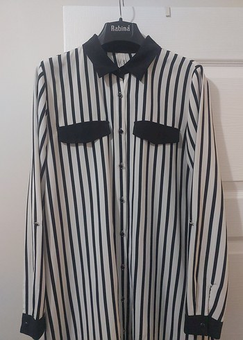 Defacto Marka 38 Beden Kadın Siyah-Beyaz Çizgili Uzun Gömlek - Görsel 2