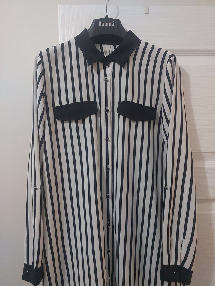 Defacto Marka 38 Beden Kadın Siyah-Beyaz Çizgili Uzun Gömlek - Görsel 2