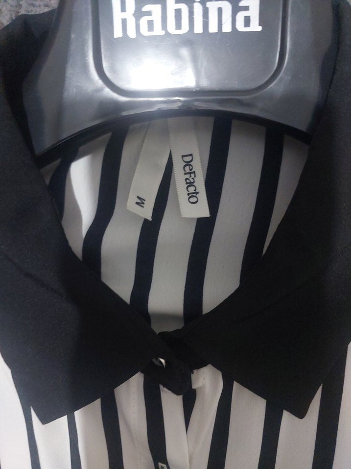 Defacto Marka 38 Beden Kadın Siyah-Beyaz Çizgili Uzun Gömlek - Görsel 5