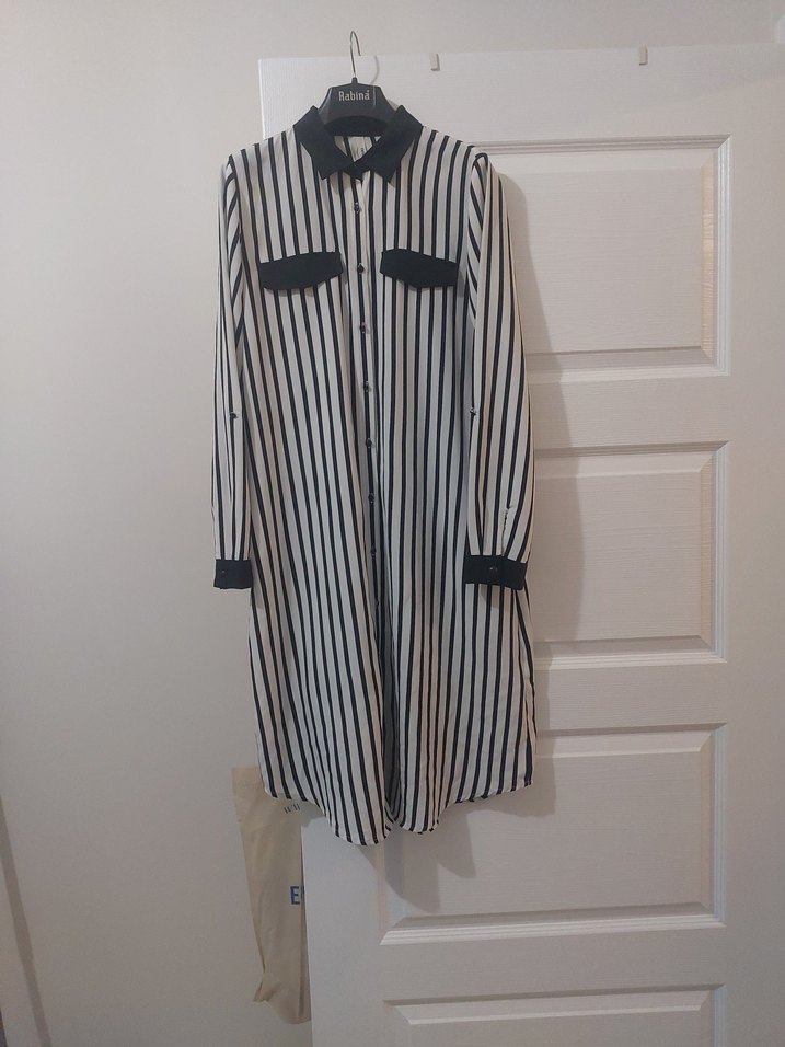 Defacto Marka 38 Beden Kadın Siyah-Beyaz Çizgili Uzun Gömlek - Görsel 3