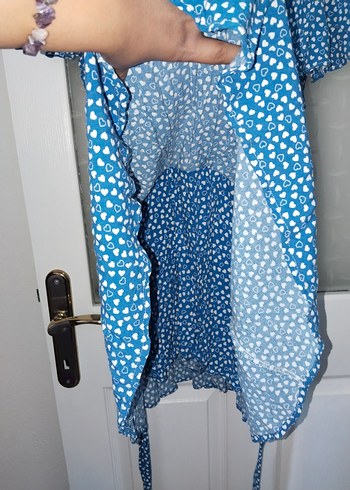 Mavi V Yaka Kısa Kollu Mini Elbise tulum - Görsel 5