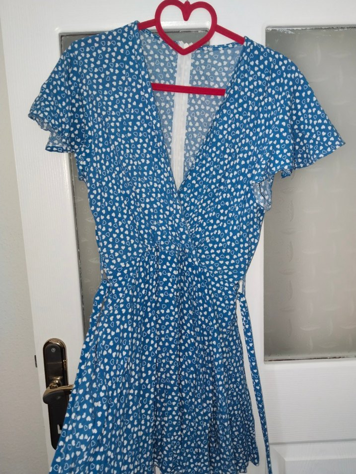 Mavi V Yaka Kısa Kollu Mini Elbise tulum - Görsel 2