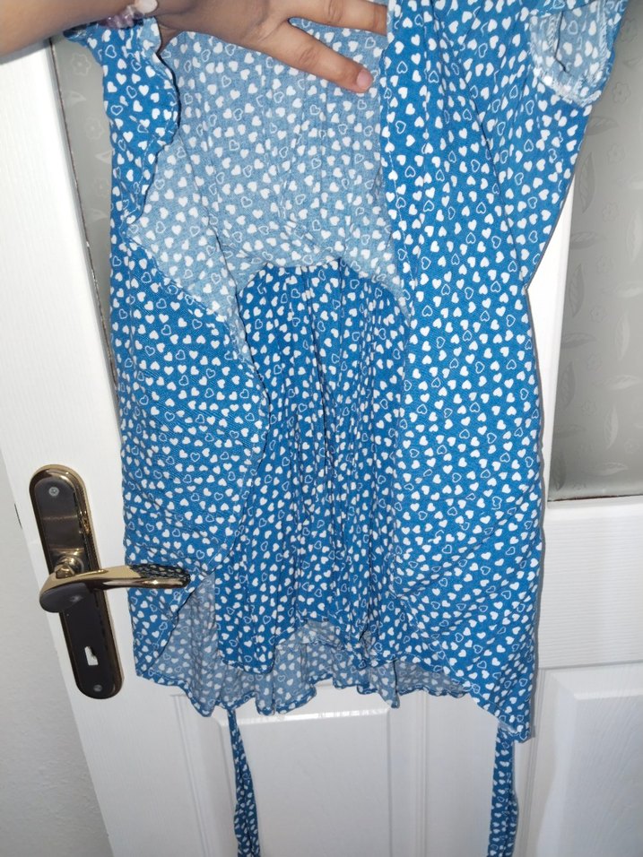 Mavi V Yaka Kısa Kollu Mini Elbise tulum - Görsel 4