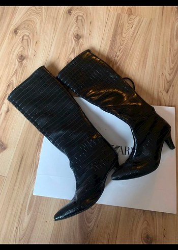 Siyah Deri Dizüstü Topuklu Botlar - Görsel 7