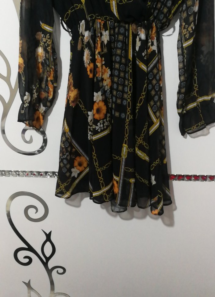 Zincir Detaylı Siyah Bohem Mini Elbise - Görsel 3