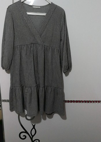 Gri Ekose V Yaka Midi Kadın Elbise - Görsel 3