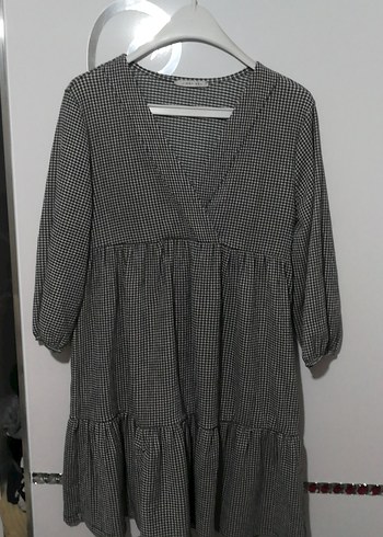 Gri Ekose V Yaka Midi Kadın Elbise - Görsel 2