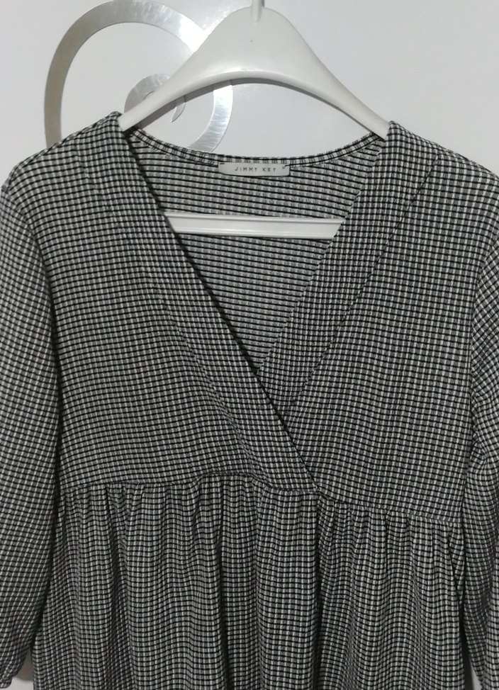 Gri Ekose V Yaka Midi Kadın Elbise - Görsel 5