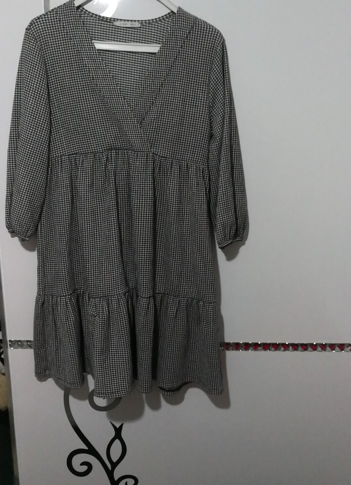 Gri Ekose V Yaka Midi Kadın Elbise - Görsel 3