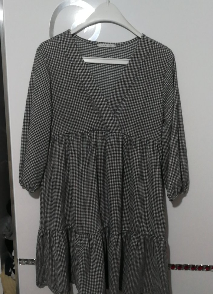 Gri Ekose V Yaka Midi Kadın Elbise - Görsel 2