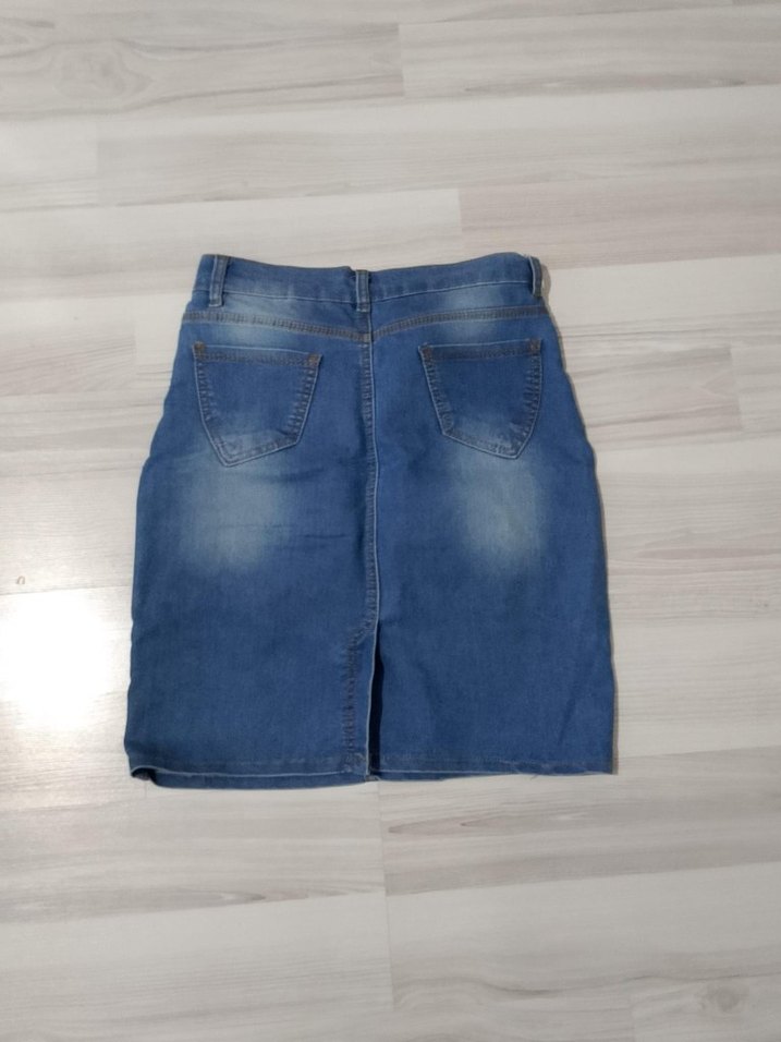 Yıpratılmış Mavi Denim Midi Etek - Görsel 2