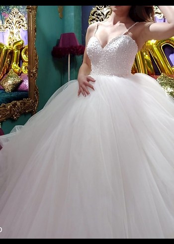 Straplez Prenses Gelinlik Midi Boy Beyaz - Görsel 2