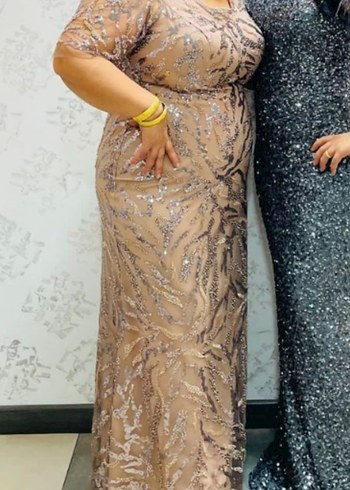 Bej Midi V Yaka Drapeli Abiye Elbise - Görsel 2