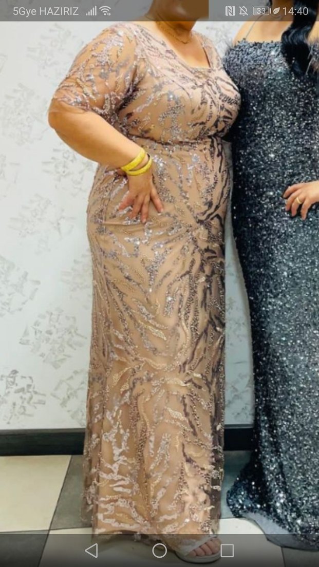 Bej Midi V Yaka Drapeli Abiye Elbise - Görsel 2