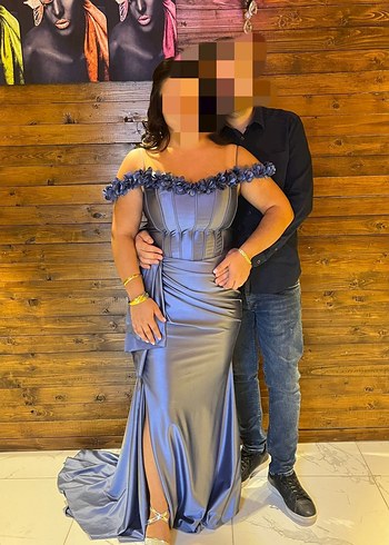 Gri Straplez Uzun Kadın Abiye Elbise indigo rengi - Görsel 3