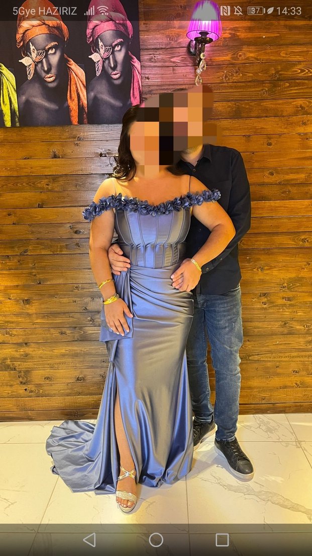 Gri Straplez Uzun Kadın Abiye Elbise indigo rengi - Görsel 3